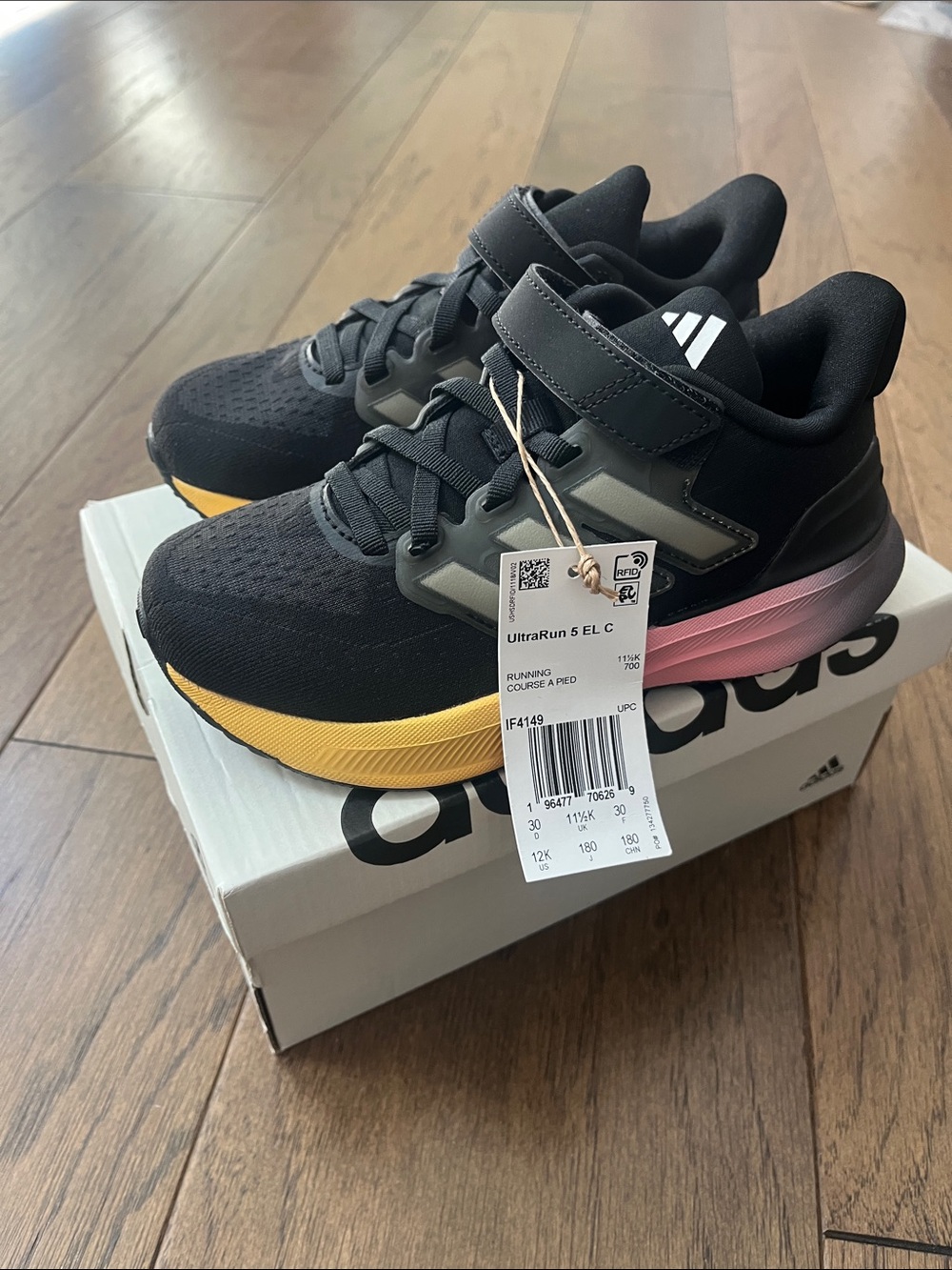 adidas Kids Black Sneakers with Yellow & Pink Accents - size 12 NWT